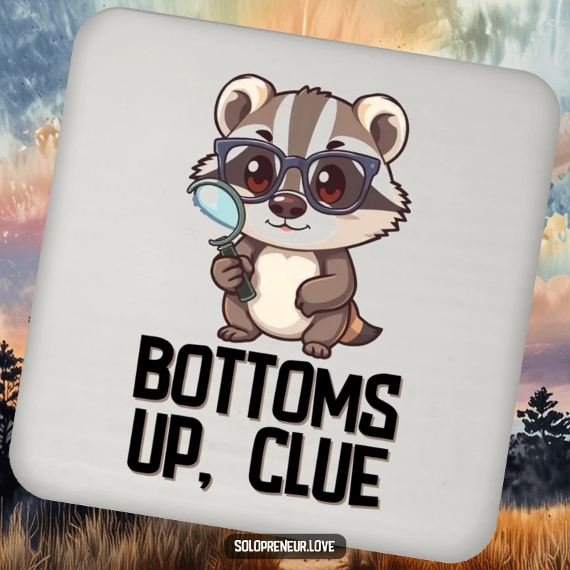 Funny badger detective drink coaster, featuring a badger with a magnifying glass protecting your table, a witty and funny gift.