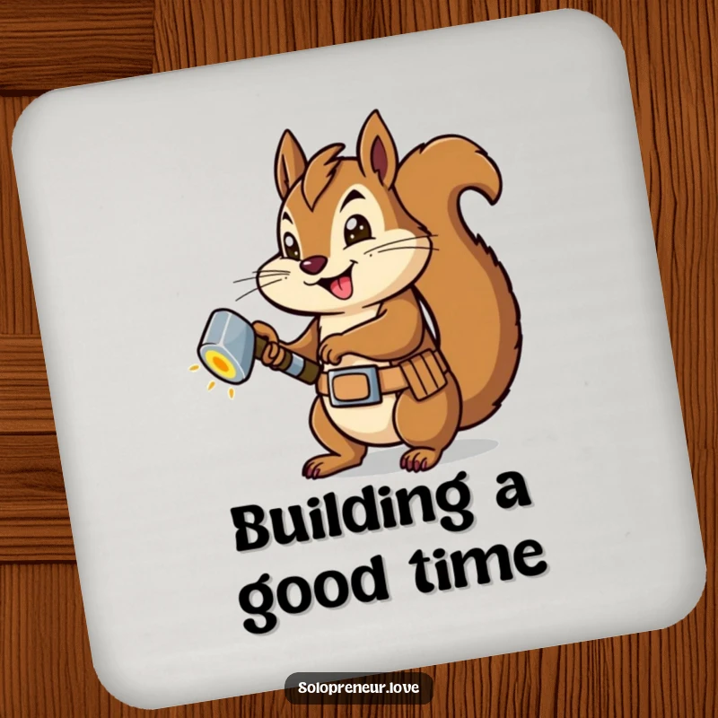 Funny Squirrel Carpenter Coaster: A decorative coaster with a squirrel hammering a bolt, ideal for table protection.