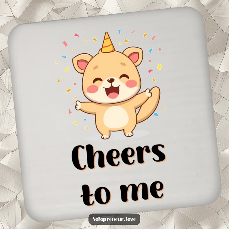 Funny drink coaster with a celebrating animal and confetti shower, perfect for adding a festive touch to any surface.