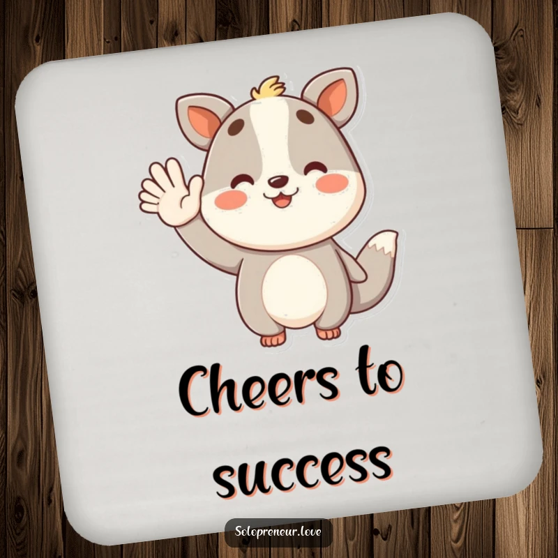 Funny drink coasters featuring a smiling animal character waving in celebration, adding humor and style.