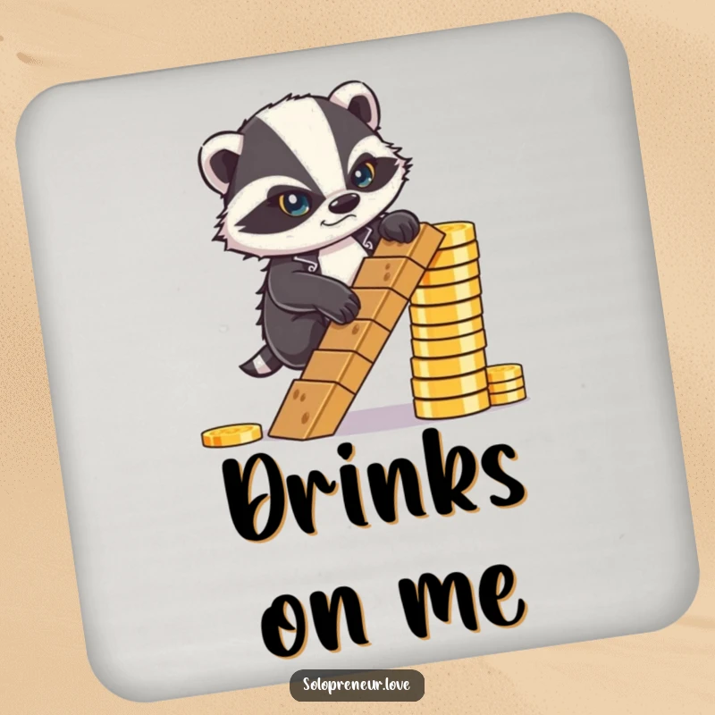 Funny Coaster: A determined badger frowning, climbing a ladder of coins, symbolizing ambition and success.
