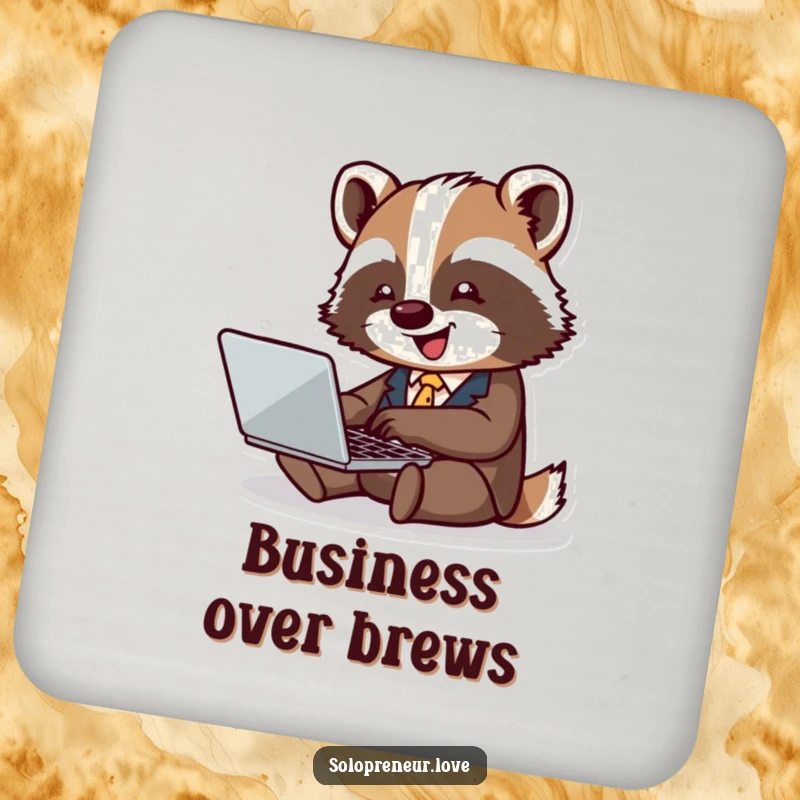 Funny badger business coasters featuring a tiny badger in a suit typing joyfully on a laptop, protecting surfaces humorously.