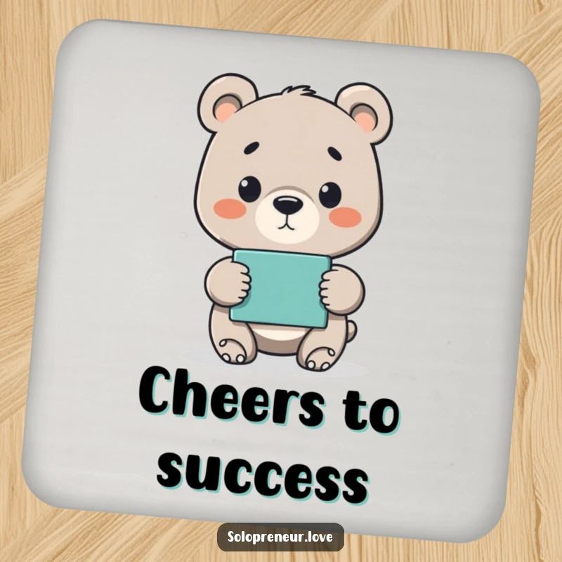 Funny drink coaster depicting a proud bear cub presenting a finished project, adding a triumphant touch to any surface.