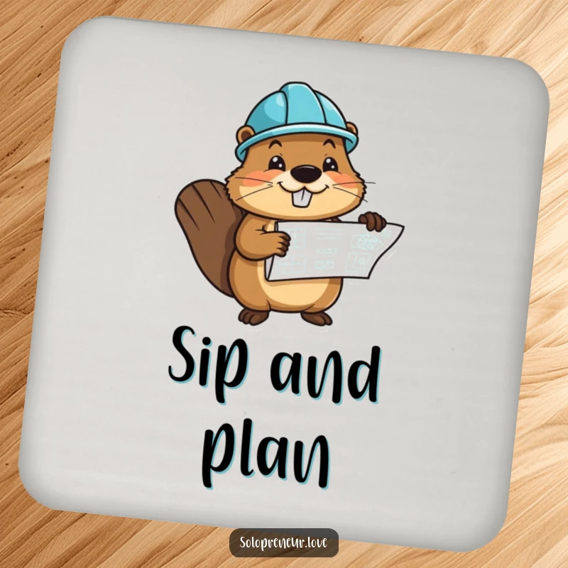 Funny drink coaster featuring a cheerful beaver character wearing a hard hat and holding a blueprint, adding construction humor.