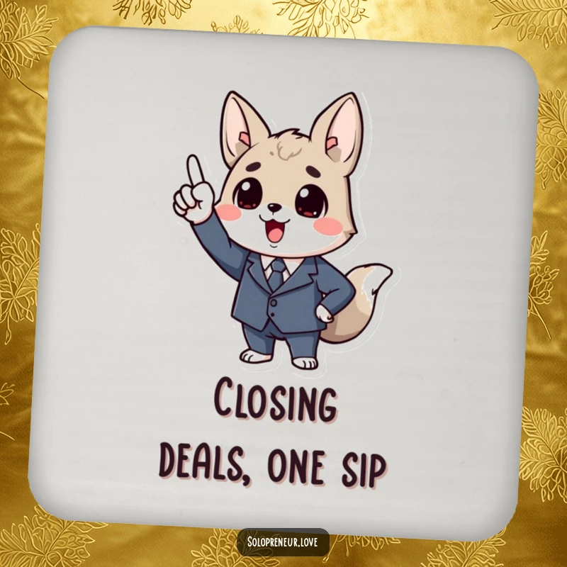 Funny Business Animal Coaster: A character in a tiny suit, enthusiastically pointing upwards, guarding your tables.