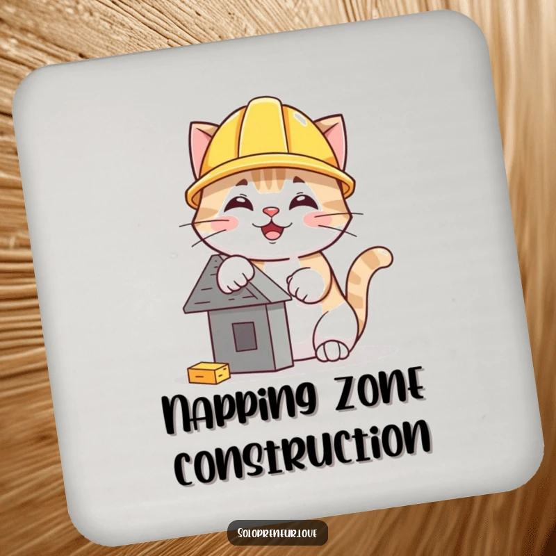 Funny cat hard hat coaster featuring a determined feline construction worker happily building a miniature structure.