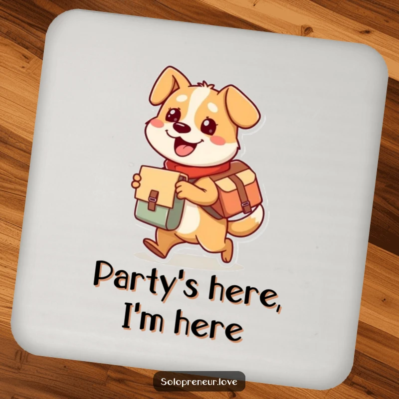 Funny dog drink coasters featuring a busy character delivering a package with glee, offering humorous protection for surfaces.