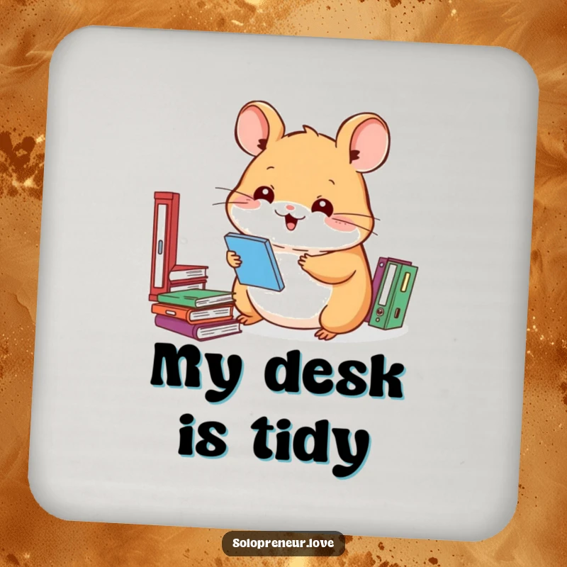 Funny hamster drink coasters featuring a smiling character organizing files, protecting surfaces in a humorous way.