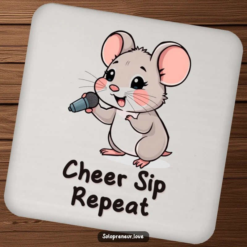 Funny Hopeful Mouse Microphone Coaster showing a small mouse cheering with a tiny microphone, protecting surfaces.