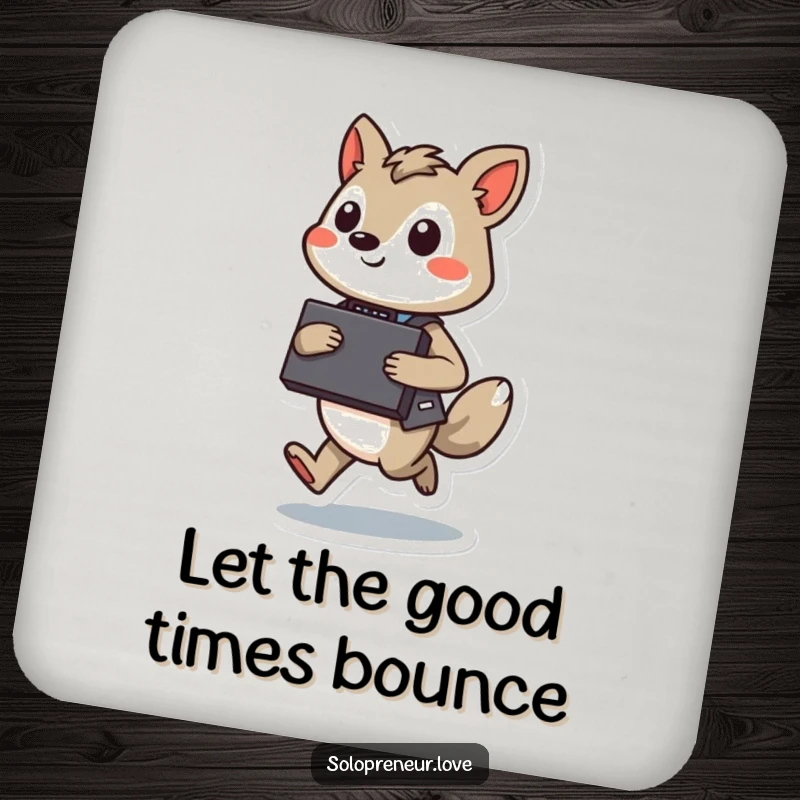 Funny Hopping Executive Coaster: A character with a briefcase, confidently hopping, guarding your surfaces.