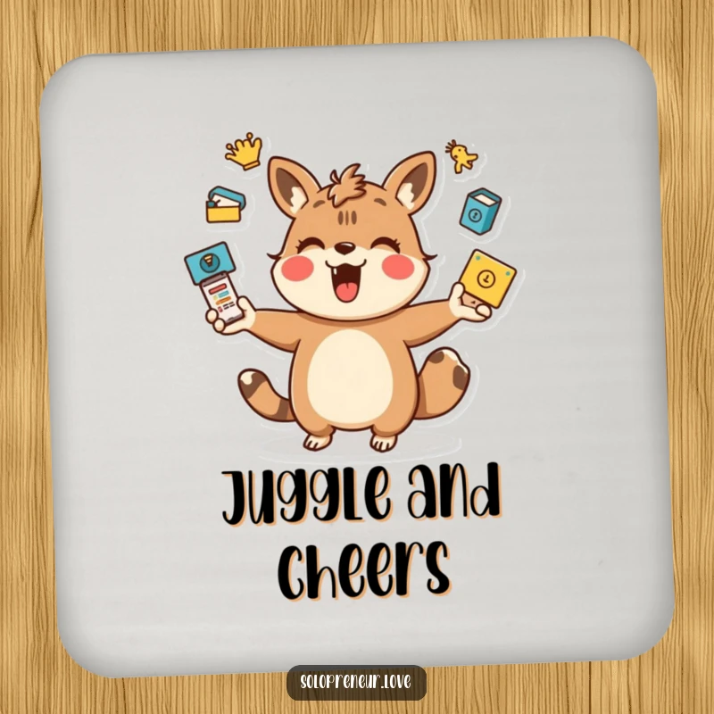 Funny juggling animal coasters showing a playful character energetically juggling task icons, protecting tables with multitasking humor.