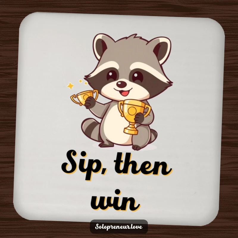 Funny drink coaster featuring a smiling raccoon polishing a miniature trophy, adding a touch of whimsy to any beverage setting.