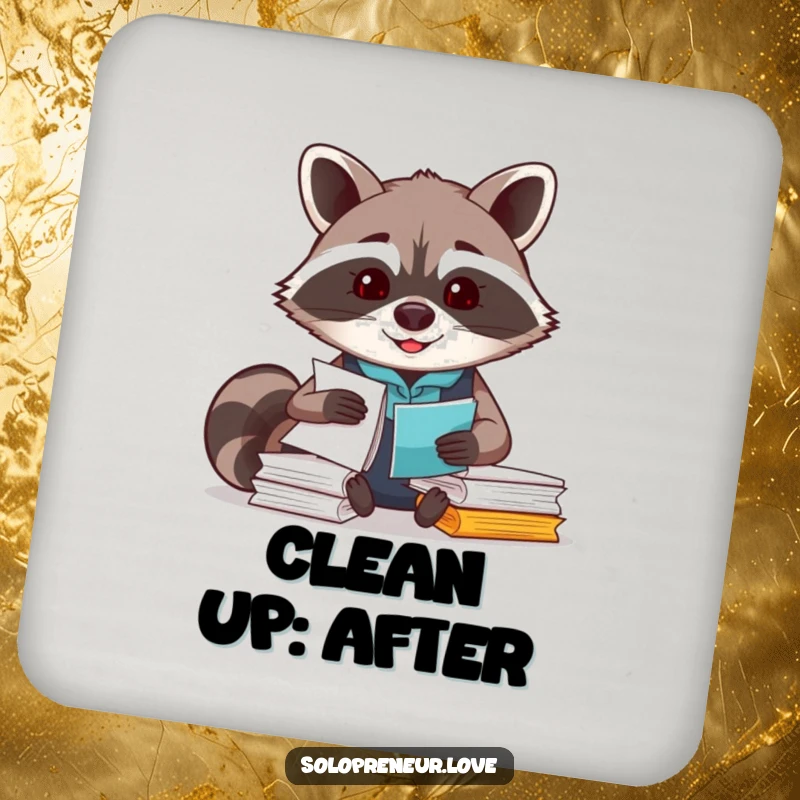 Funny Raccoon Organizer Coaster showing a smiling raccoon managing papers, protecting surfaces.