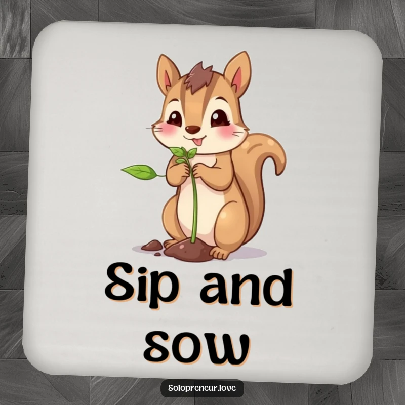 Funny squirrel planting coaster featuring a proud squirrel carefully planting a tiny sprout.