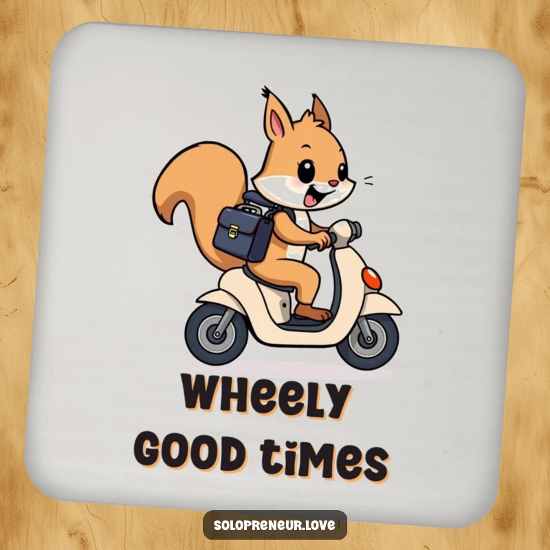 Funny squirrel with briefcase on a scooter, acting as a humorous drink coaster.