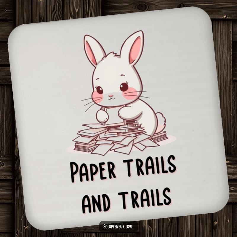 Funny drink coaster featuring a determined rabbit organizing papers, offering surface protection with a humorous and relatable office theme.