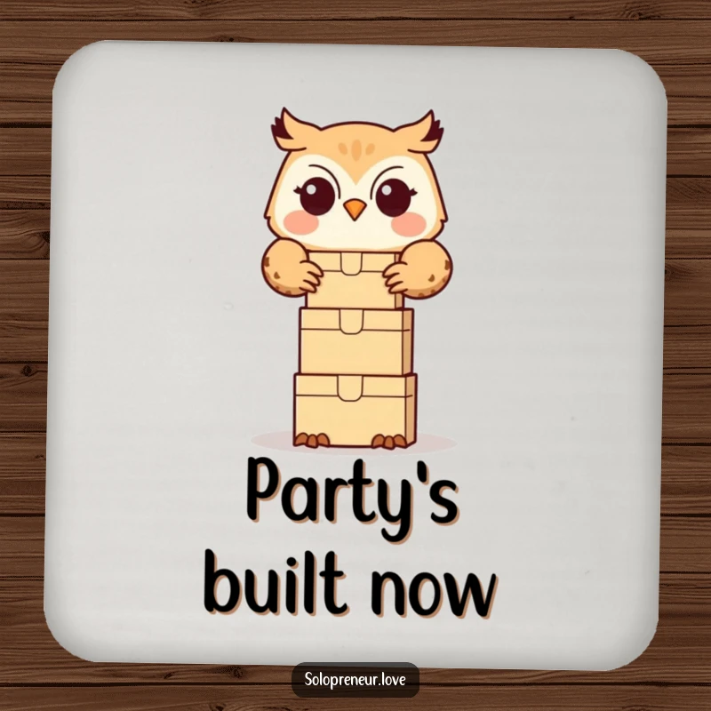 Funny owl organizer coasters featuring a cute owl happily stacking small boxes, protecting surfaces with orderly humor.