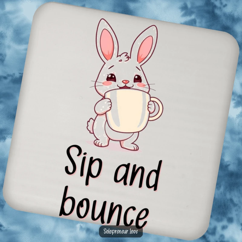 Funny rabbit coffee coasters featuring a determined rabbit cheerfully holding a large coffee cup, protecting surfaces with energetic humor.