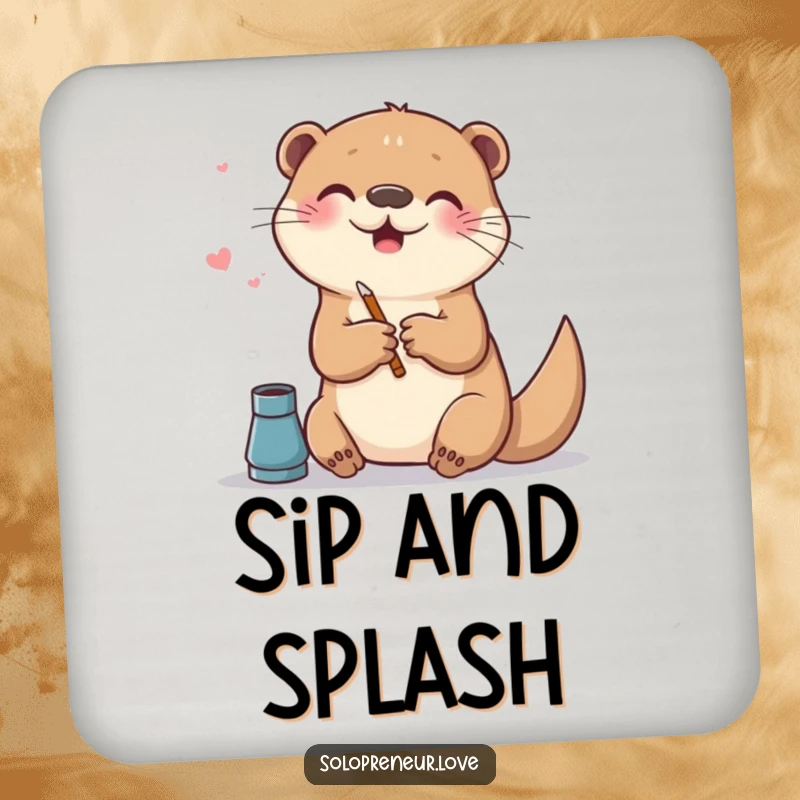 Funny drink coaster depicting a playful otter creating digital art on a canvas, adding a whimsical artistic touch.