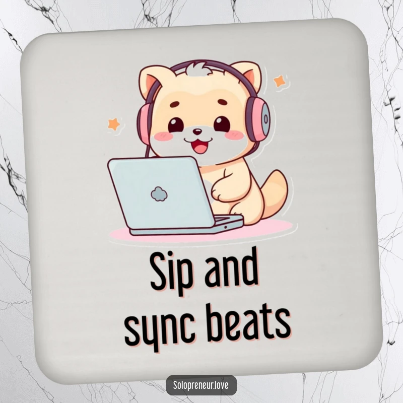 Funny Techie Creature Coaster: A cute character with headphones intently typing on a laptop, protecting your surfaces.