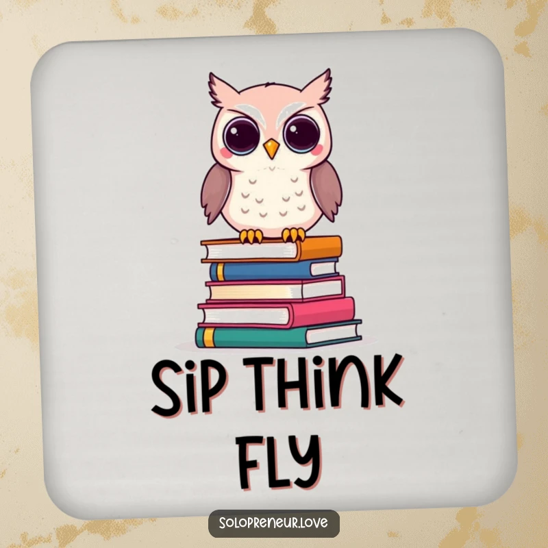 Funny Owl Business Books Coaster showing a clever owl balancing on business books, protecting surfaces.