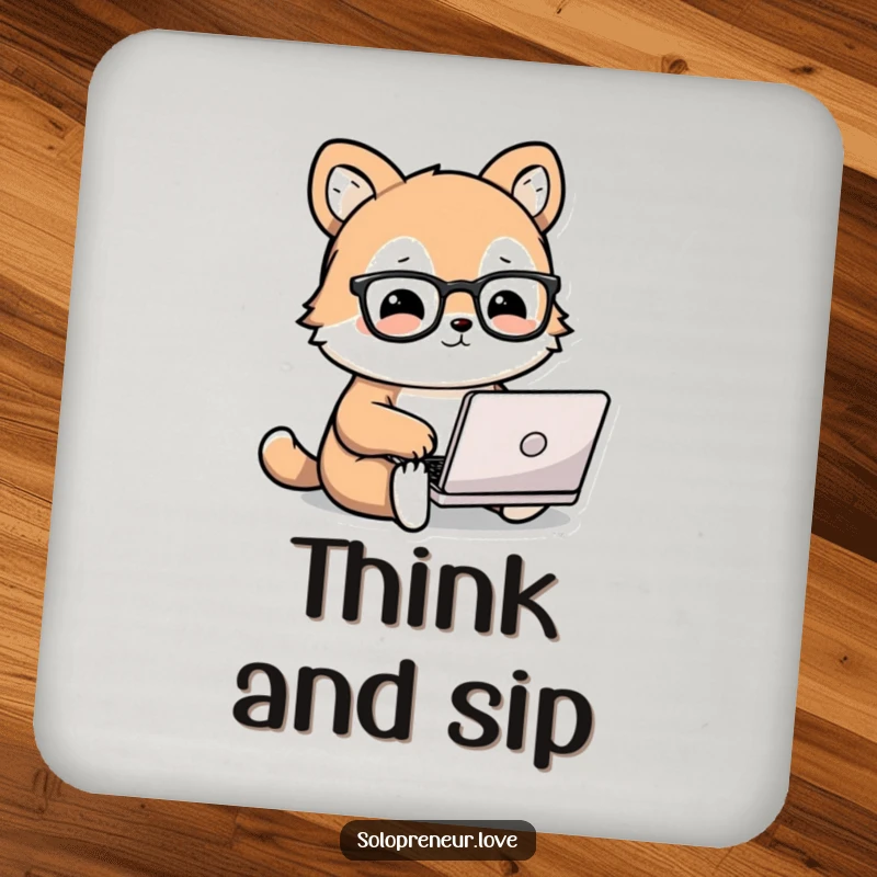 Funny animal coasters showing a cute, bespectacled animal character working on a tiny laptop, protecting tables with intellectual humor.