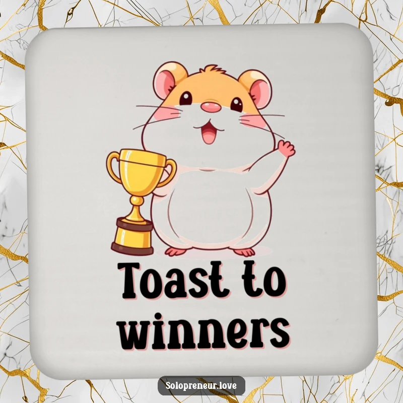 Funny beaming hamster coasters featuring a character proudly displaying a trophy, protecting surfaces with winning style.