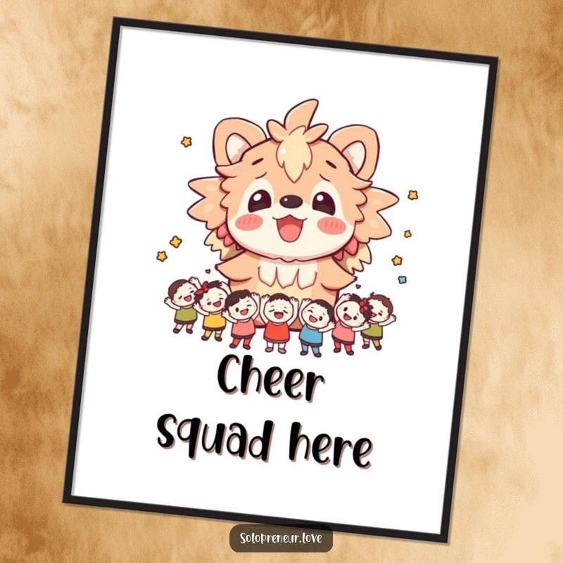 Funny poster art of a cheerful creature being enthusiastically cheered on by a multitude of small, happy figures, radiating pure joy.