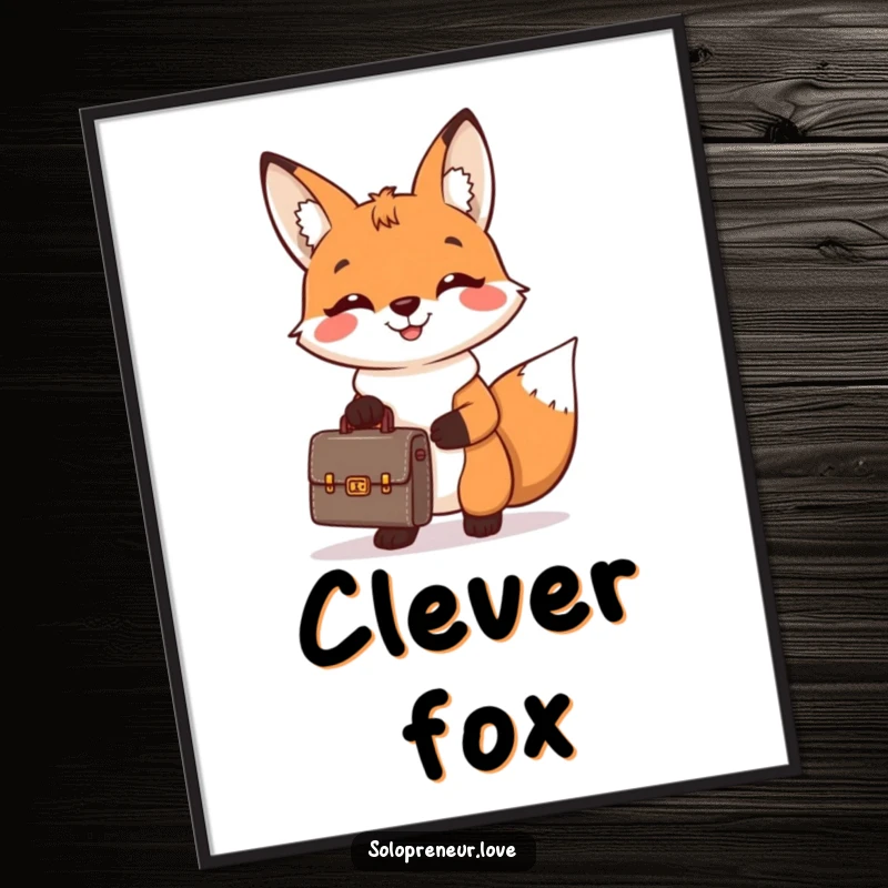 Funny poster art of a cheerful fox holding a tiny briefcase and smiling broadly, embodying business ambition and charm.