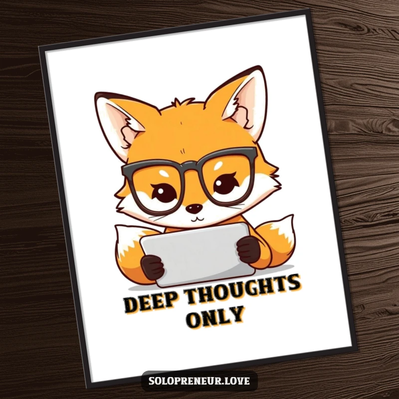 Funny poster of a fox wearing glasses, intently focusing on a tablet, conveying a message of smart work and digital life.