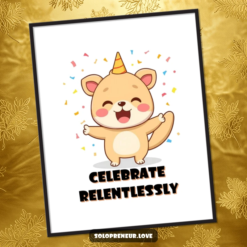 Funny poster showing a delighted animal in a shower of confetti, capturing the essence of celebrating a delightful personal win.