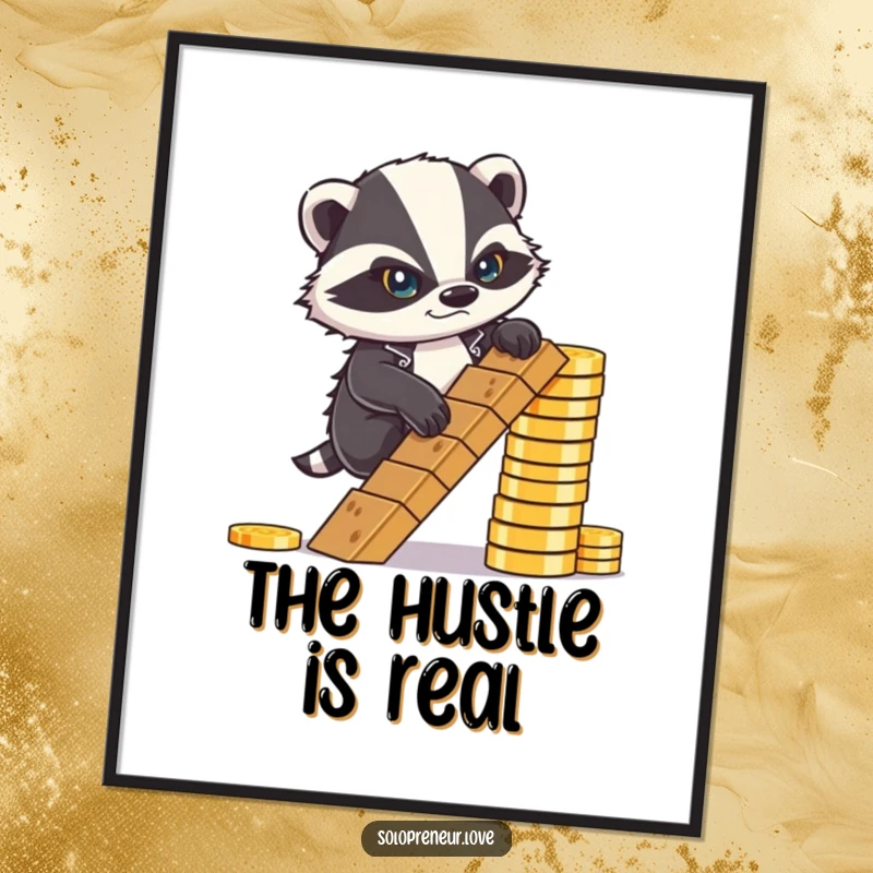 Funny Poster: A determined badger climbing a ladder of coins, symbolizing ambition and the pursuit of financial goals.