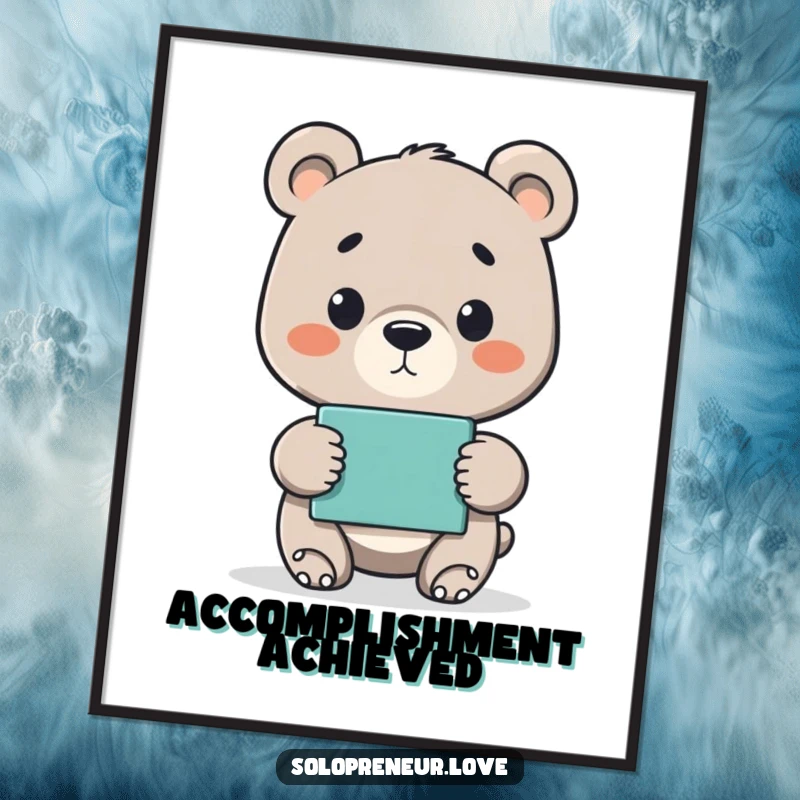 Funny poster of a proud bear cub proudly presenting a finished project, a cheerful piece celebrating success.