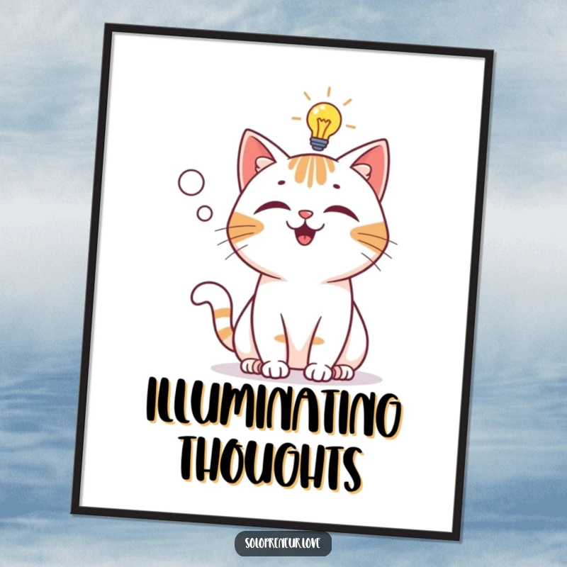 Funny Poster: A playful cat character with a bright lightbulb above its head, signifying a moment of genius.