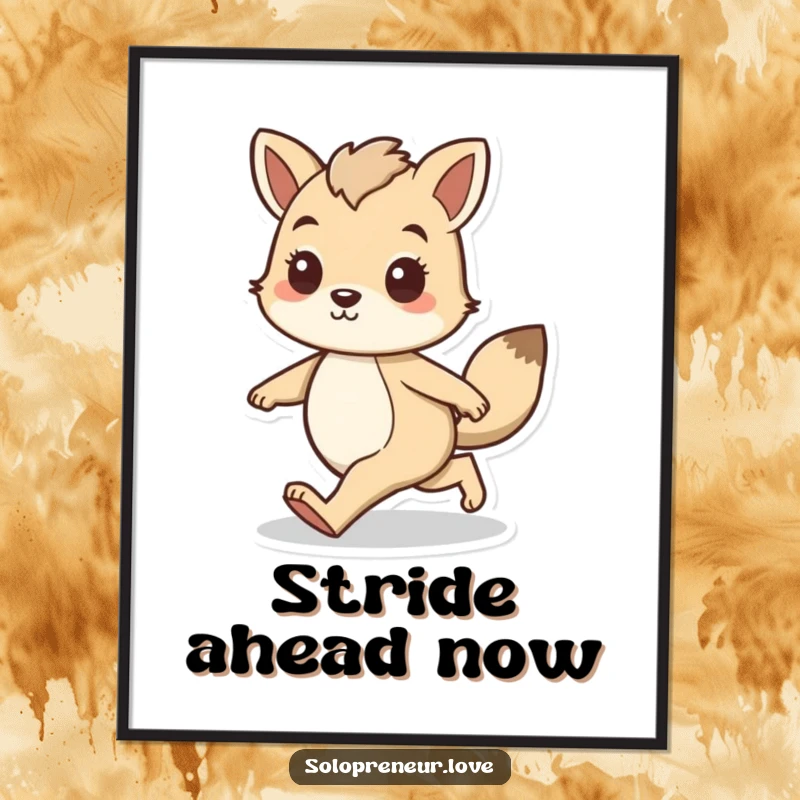 Funny poster art of an animal character walking forward with a bold, confident stride, symbolizing determination and forward progress.