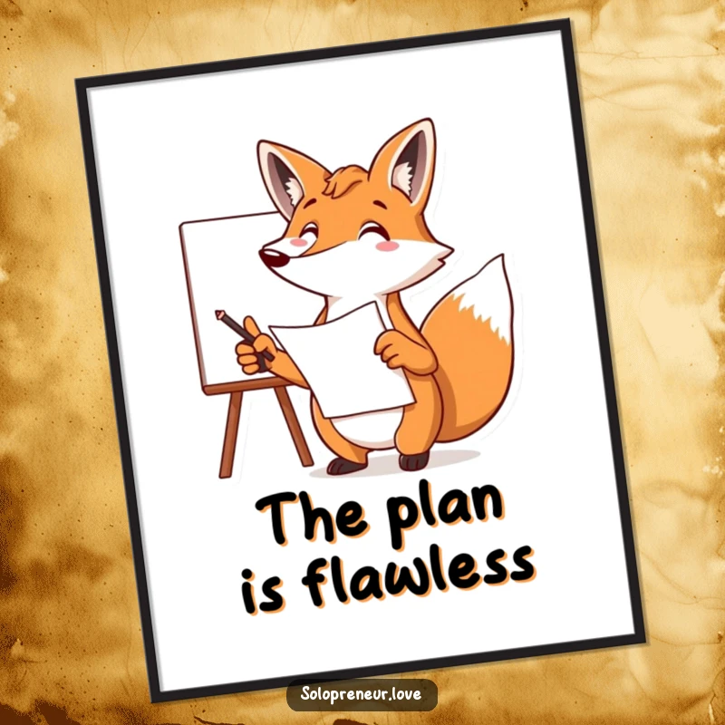 Funny fox poster showing a focused character pointing at a whiteboard with a plan, presented as humorous motivational wall art.