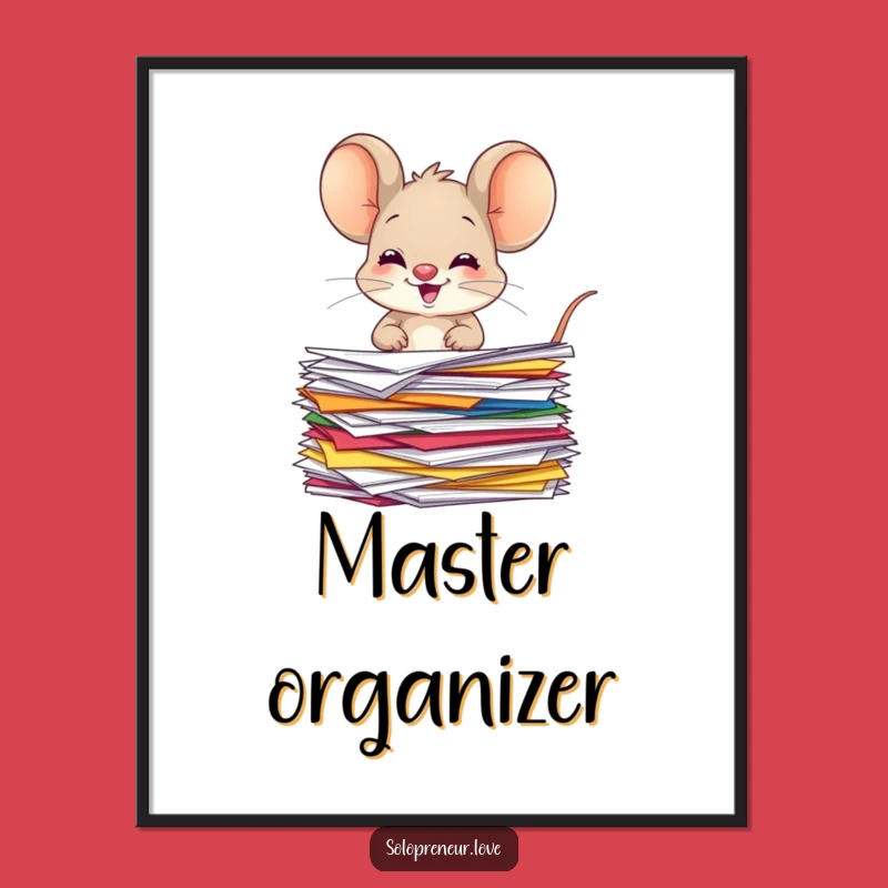 Funny Giggling Mouse Poster: Organized Papers Character - Whimsical Wall Art for a Cheerful Space