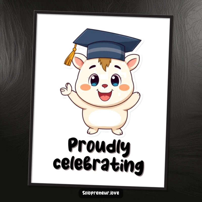 Funny Graduation Creature Poster: Cheerful art of a creature in a graduation cap, enthusiastically cheering and celebrating.