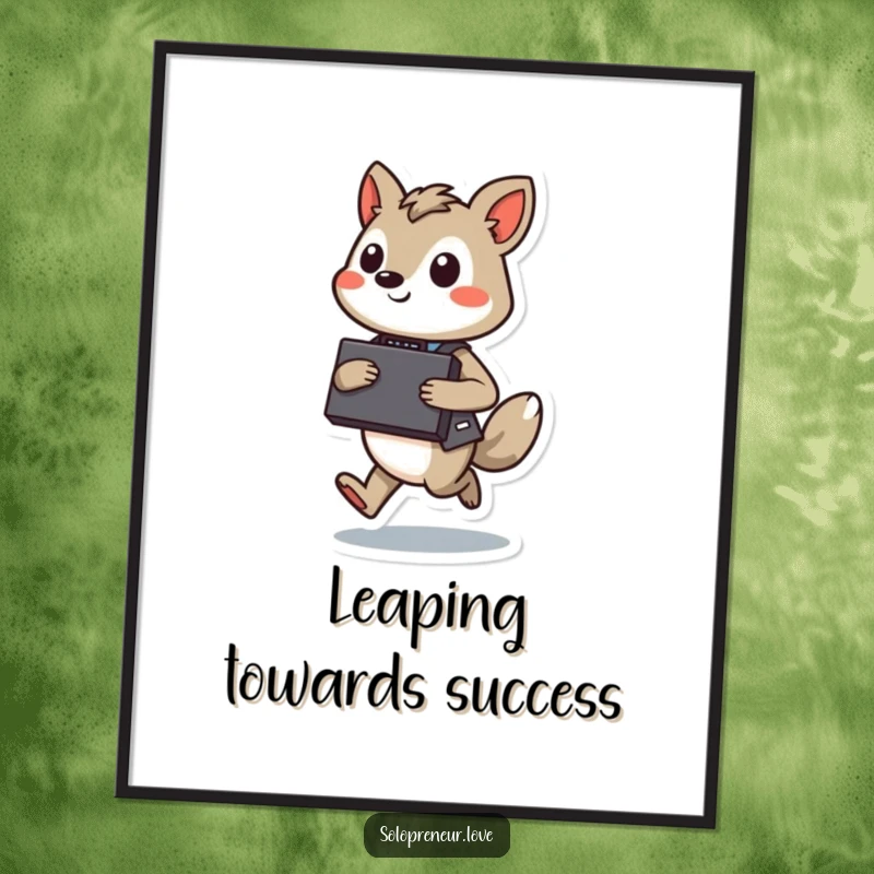 Funny Hopping Executive Poster: Motivational art of an animal character with a briefcase, confidently hopping with determination.