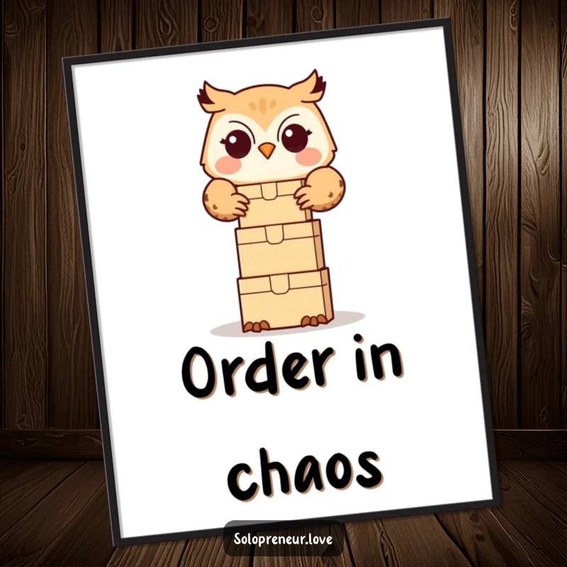 Funny owl organizer poster featuring a cute owl happily stacking small boxes, perfect for humorous and tidy wall decor.
