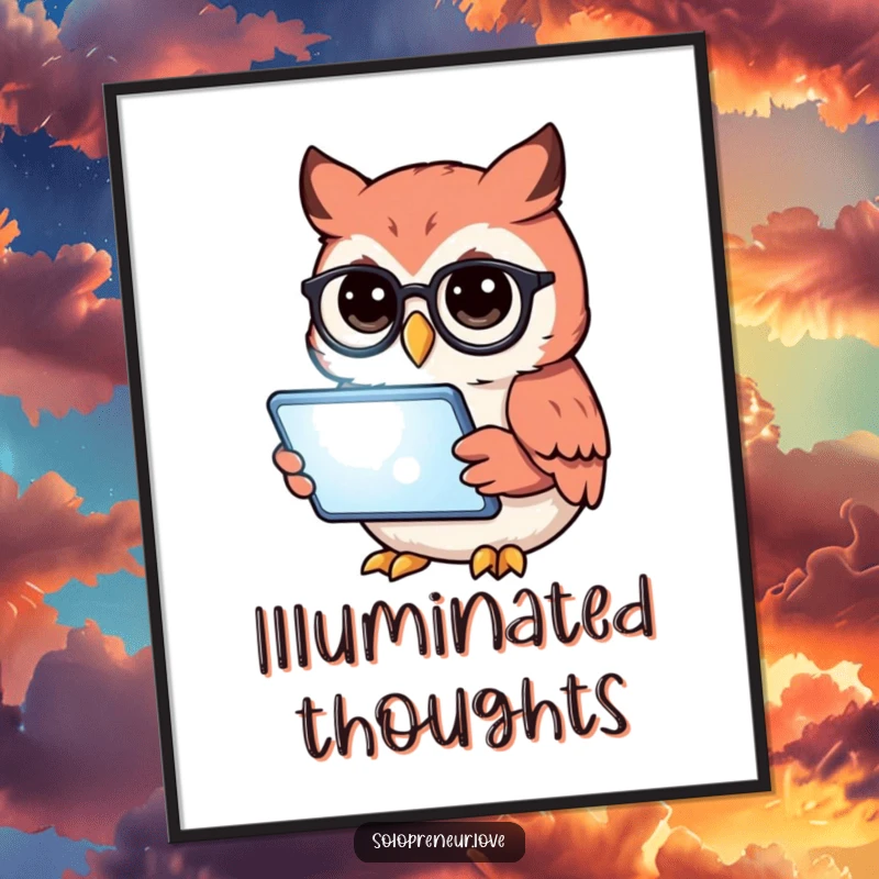 Funny owl wearing glasses reading a glowing tablet, presented as humorous wall art on a poster.
