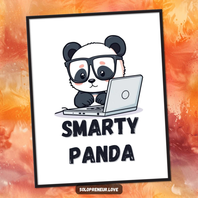Funny poster art of a tiny panda wearing glasses, diligently working on a laptop, embodying productivity and charm.