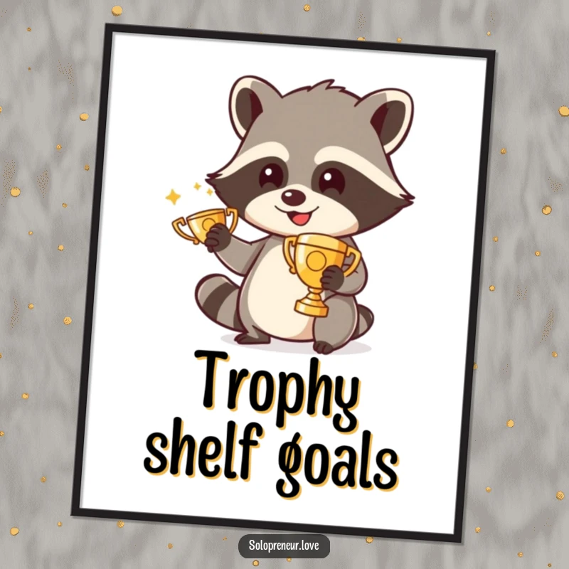 Funny poster print featuring a smiling raccoon character diligently polishing a miniature trophy, a humorous depiction of achievement and dedication.