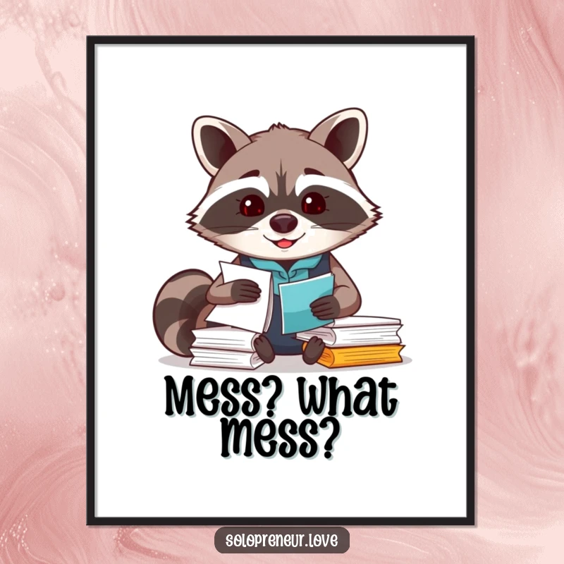 Funny Raccoon Organizer Poster print of a smiling raccoon diligently working on papers, inspiring order.