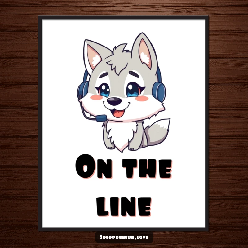 Funny wolf leader poster, a wolf with a headset talking animatedly, conveying leadership and communication, a dynamic funny gift.