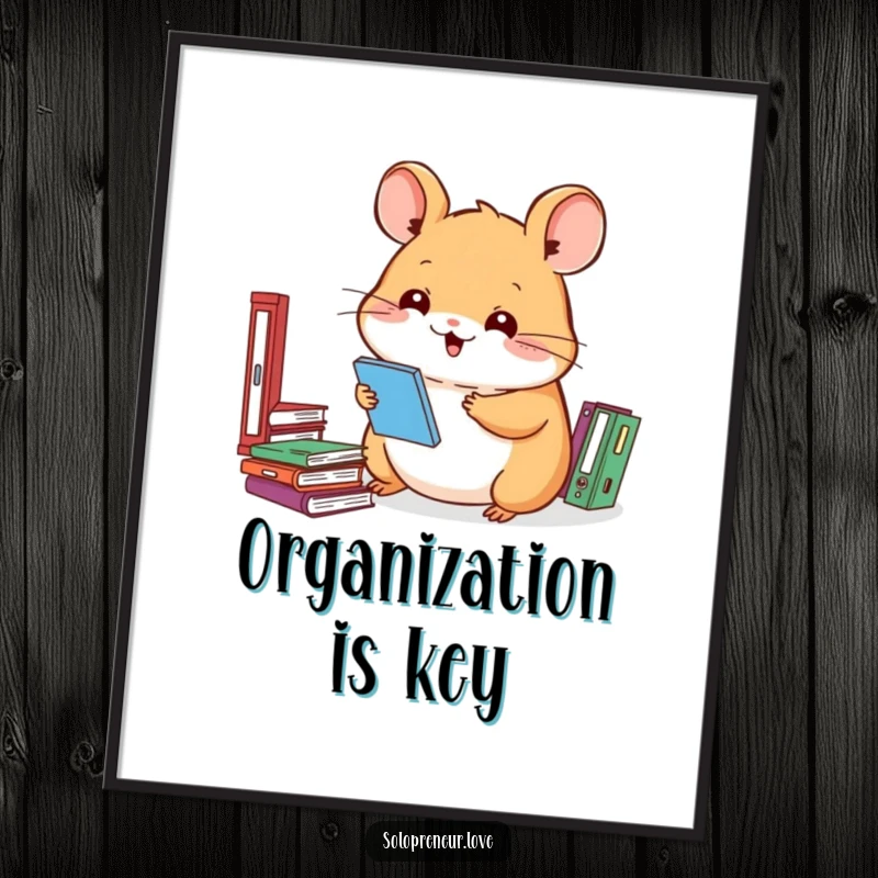 Funny hamster poster depicting a smiling character organizing files, ideal for home decor and office spaces.