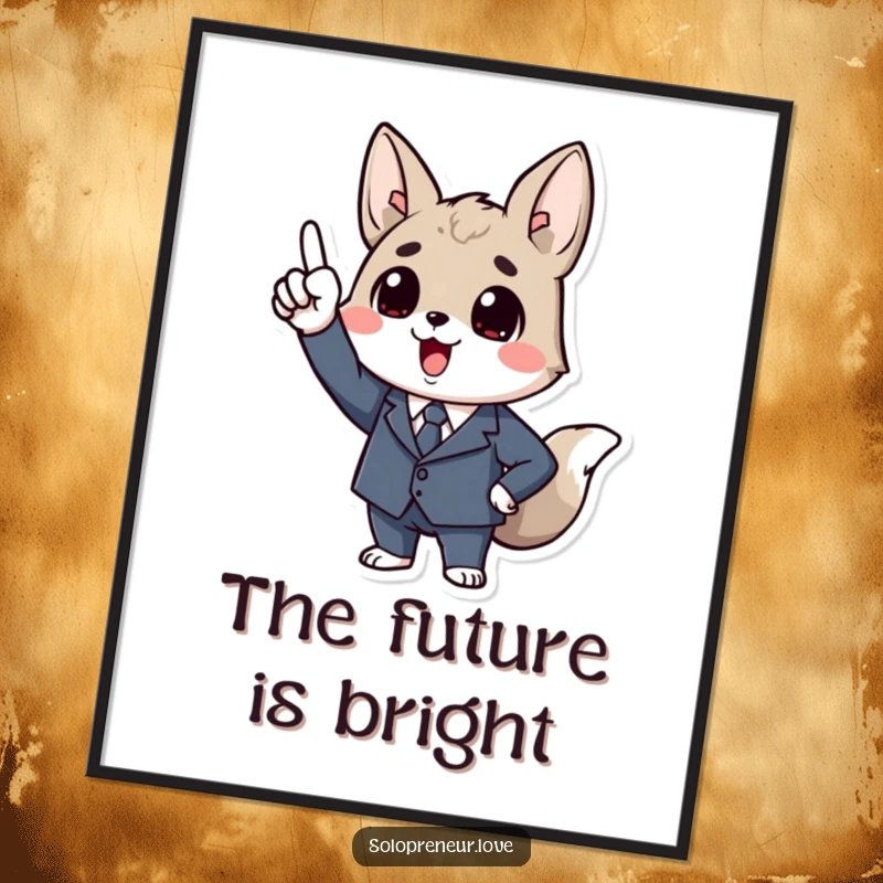 Funny Business Animal Poster: Motivational art of an animal in a tiny suit, enthusiastically pointing upwards towards goals.