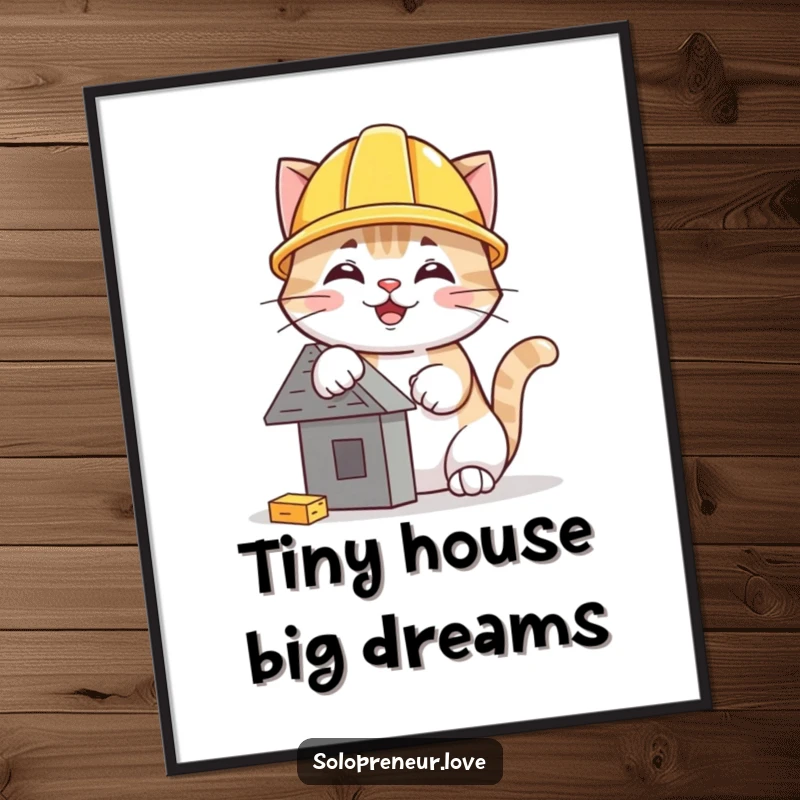 Funny hard hat cat poster of a joyful feline with a tiny helmet, proudly constructing a miniature piece of architecture.