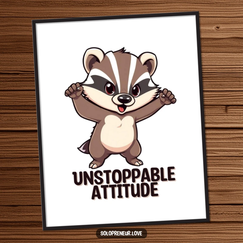 Funny badger poster of a courageous character striking a confident pose, radiating boldness and inspiring determination.