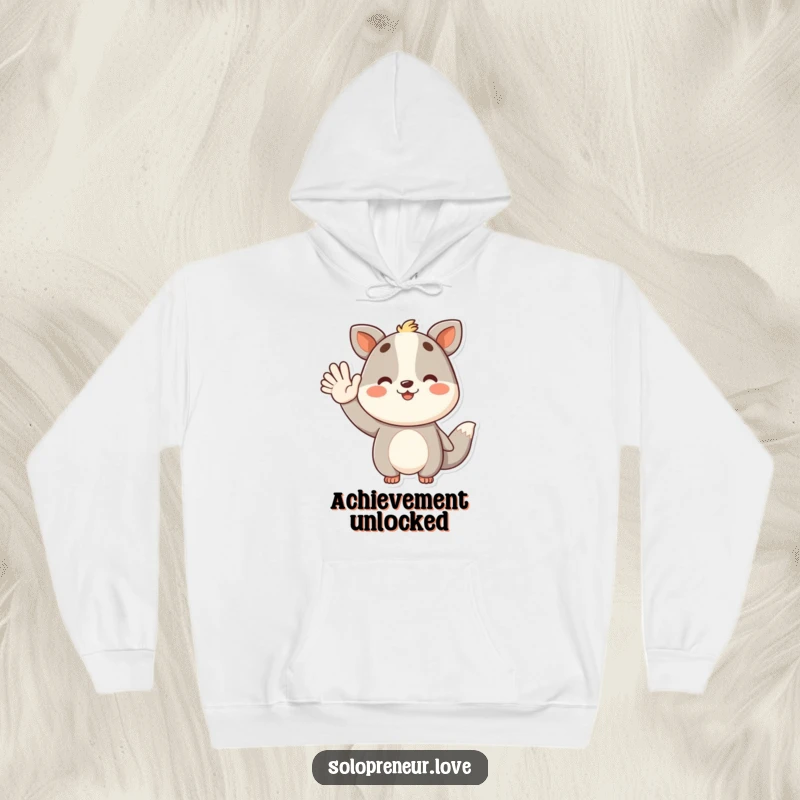 Funny hoodie featuring a happy animal character waving in celebration of success, perfect for cozying up after a win.